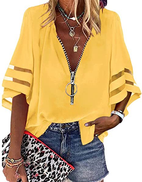 V-neck zipper shirt half-flared sleeve mesh splicing loose casual shirt women's m300887