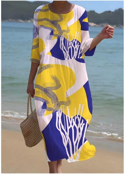 Loose crew neck fashion high-end long-sleeved printed dress m301053