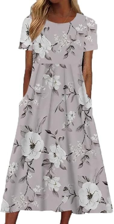Damen Rundhals Kurzarm Langes Kleid Bohemian Kleid m302895