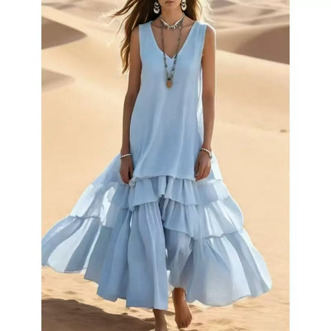 Damen-Kleid aus Baumwolle und Leinen, locker geschnitten, großer Rock, ärmellos m302976