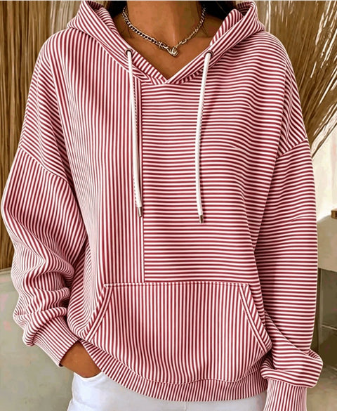 New loose casual striped splicing drawstring hooded sweater m303006