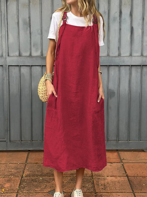 Women's fashion adjustable shoulder strap casual cotton and linen dress m302048