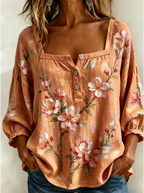 Women's square collar button-down shoulder seven-quarter sleeve medium sleeve T-shirt trend m302838
