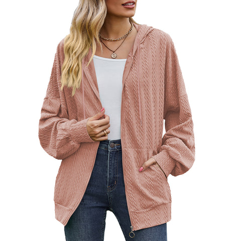 Solid color pocket long sleeve loose hooded sweater women's jacket m300392