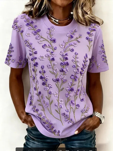Imitation cotton commuter flower print crew neck short sleeve m303070