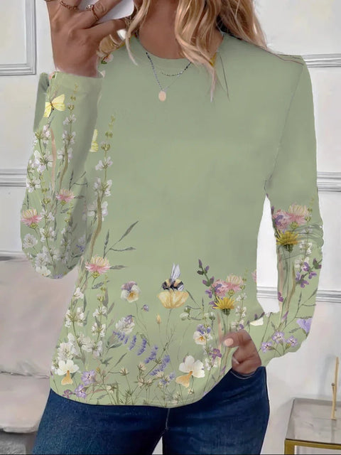Women's Loose Fashion Retro Classic Printed Crew Neck Long Sleeve T-Shirt m301237
