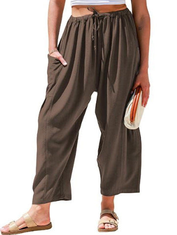 Elastic waist pleated middle waist straight pants loose casual cotton and linen nine-point pants m301883