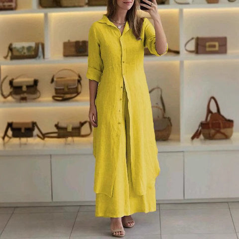 Elegant cotton and linen slim-fitting waist long-sleeved shirt wide-leg pants set m301063