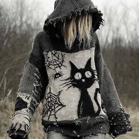 Autumn and winter loose hooded top casual shoulder retro women's printed sweater m302036