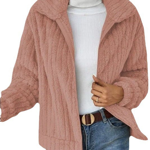 Pit strip plush cardigan lapel short jacket m300357