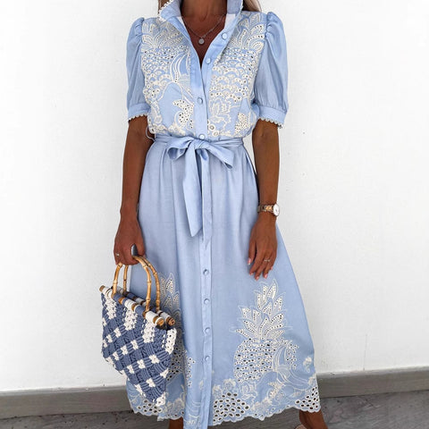 Summer new hollow short-sleeved waist pendulum dress m301880