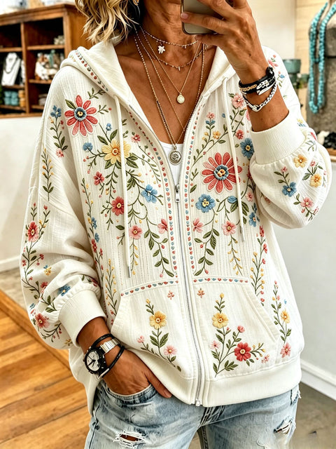 Sequin floral elements 3D digital printing loose casual hooded sweater m303215