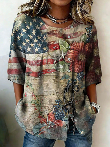 Color matching loose blouse five-button drawstring m302924