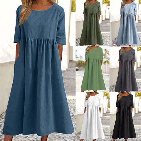 New cotton and linen casual short-sleeved pocket pleated loose round neck dress m300890