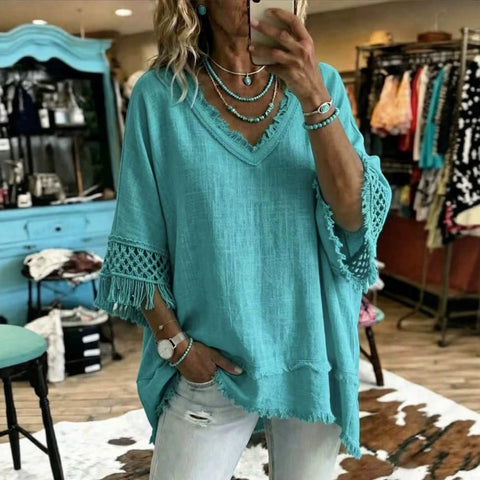 Loose V-neck fringed versatile top m303223