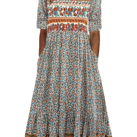Damen Rundhals Kurzarm Langes Kleid Bohemian Kleid m302895