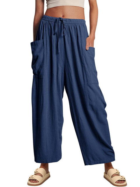 Elastic waist pleated middle waist straight pants loose casual cotton and linen nine-point pants m301883