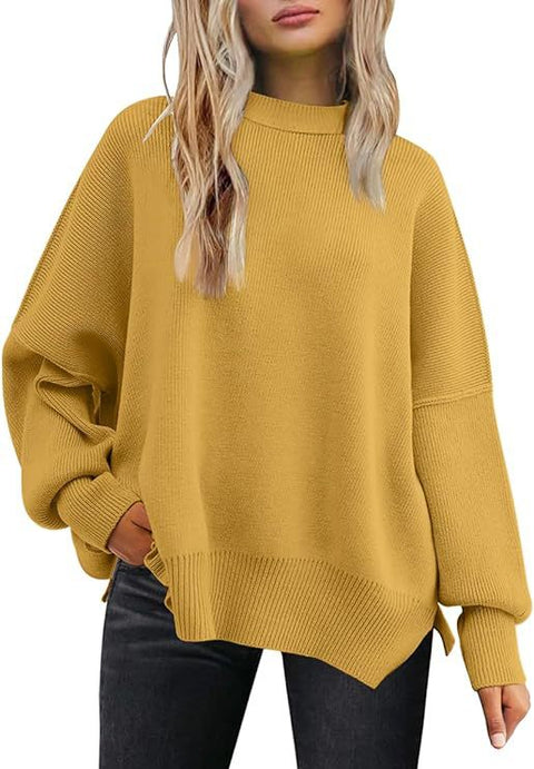Crew neck bat wing long-sleeved sweater autumn knitted side slit jumper m301590