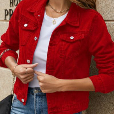 Women's fashion trend lapel pocket single-breasted short denim jacket m301642