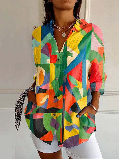 Linglong hemp long shirt women's long-sleeved shirt printing pattern m303195