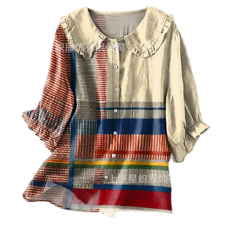 Linglong hemp 3D digital printing abstract, women's long-sleeved buckle lapel shirt m303181