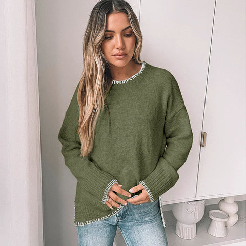 Fashion knitted sweater pullover trimmed crew neck sweater women's m300629