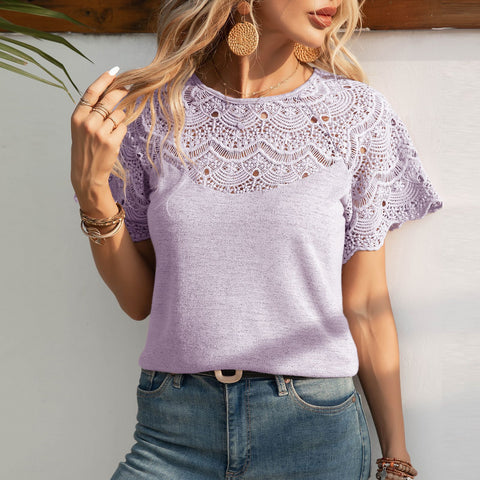 New European and American fashion crew neck lace splicing shoulder-plugged short-sleeved T-shirt top m302651