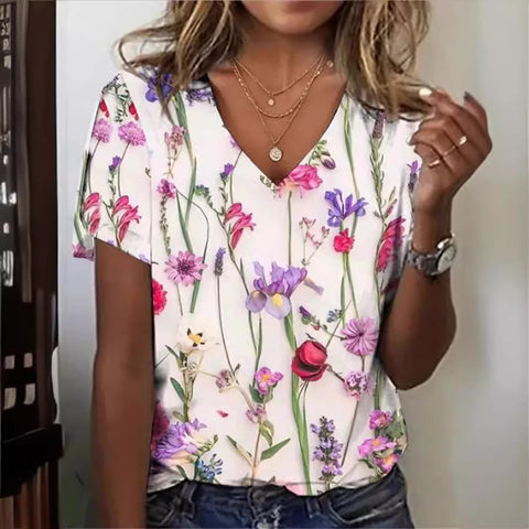 Faux cotton short-sleeve V-neck printed women's wear m303193