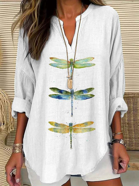 Loose 3D Printed V-Neck Shirt Long Sleeve T-Shirt m301360