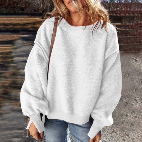 Splicing design hem irregular loose plush sweater top women m301914