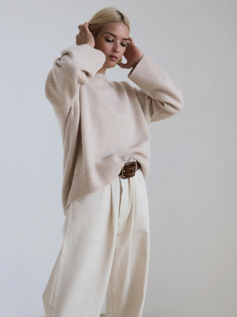 Women's knitted sweater crew neck solid color loose sweater m300667