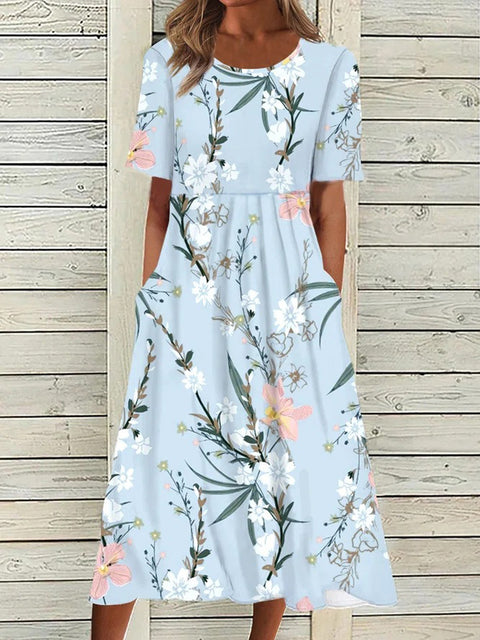 Damen Rundhals Kurzarm Langes Kleid Bohemian Kleid m302895