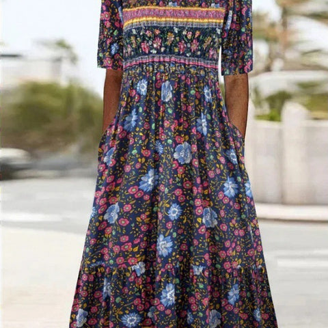 Damen Rundhals Kurzarm Langes Kleid Bohemian Kleid m302895