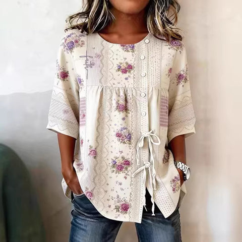 Temperament women's long-sleeved shirt printed top lace-up shirt m302925