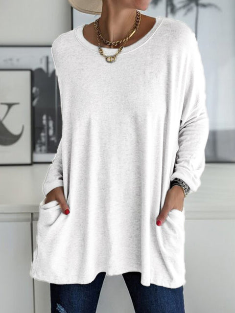 Crew neck long sleeve loose pocket solid color T-shirt casual women's clothing m301315