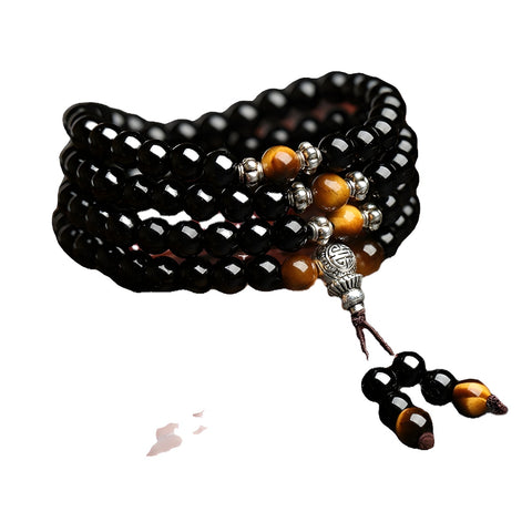 Women's tiger's eye stone bracelet, ethnic style 108 Buddha beads, multi-circle crystal m3331296