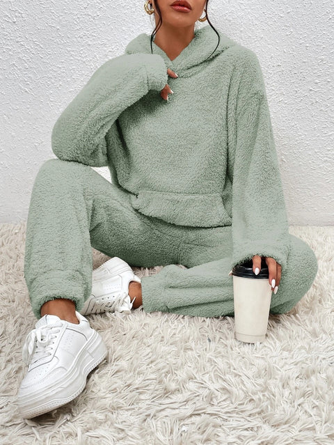 Hooded long-sleeved sticker bag casual trousers home two-piece set m300437