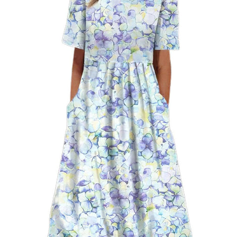 Damen Rundhals Kurzarm Langes Kleid Bohemian Kleid m302895
