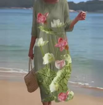 Loose crew neck fashion high-end long-sleeved printed dress m301053