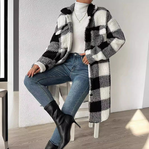 Open-button lapel plush plaid jacket loose temperament commuter long coat women m300360