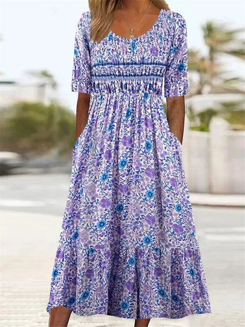 Ladies Casual Crew Neck Pullover Short Sleeve 3D Printing Pleated Waist Swing Long Dress Dress m301299