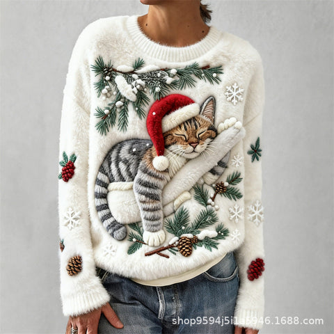 Digital printed flannel christmas ladies crew neck sweater autumn and winter m302198