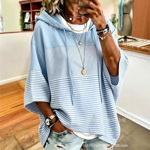 3D printed women's striped hooded loose casual sweater m303000