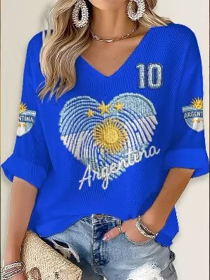 Down shoulder V-neck seven-quarter sleeve 3D printed women's top T-shirt m302844