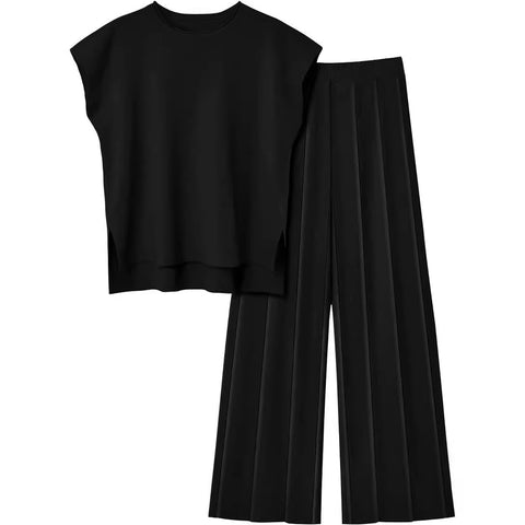 Women's knitted casual suit sleeveless vest knitted sweater + wide-leg pants two-piece set m301592