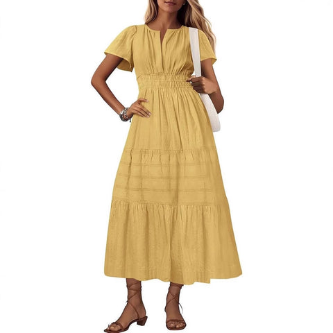 Fashion V-neck pleated bubble sleeves layered pendulum dress women m302009