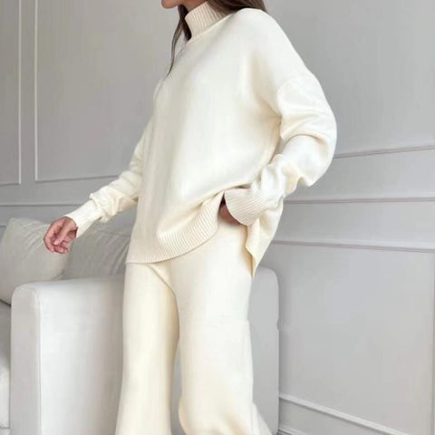 High-necked knitted suit women's autumn and winter lazy wind hair wide-leg pants two-piece set m301785