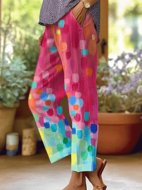 Linglong hemp digital printing simple crimped casual pants m303184