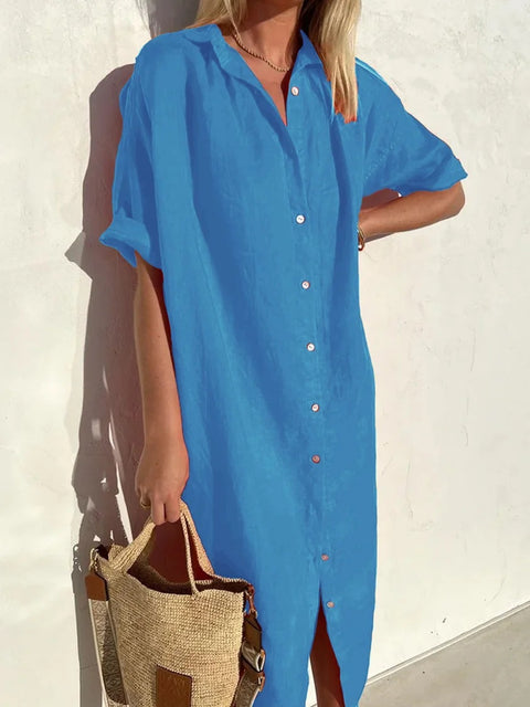 Elegant Casual Loose Short Sleeve Button Cotton and Linen Long Pocket Shirt Dress m301256