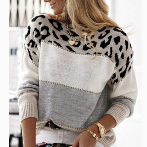 Color matching leopard print crew neck casual sweater m302285